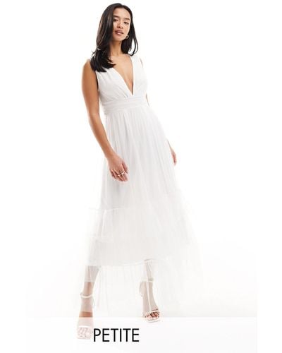 Vila Bridal Tulle Plunge Maxi Dress With Tiered Skirt - White