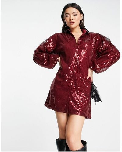 Naanaa Sequin Mini Shirt Dress With Long Sleeves - Red
