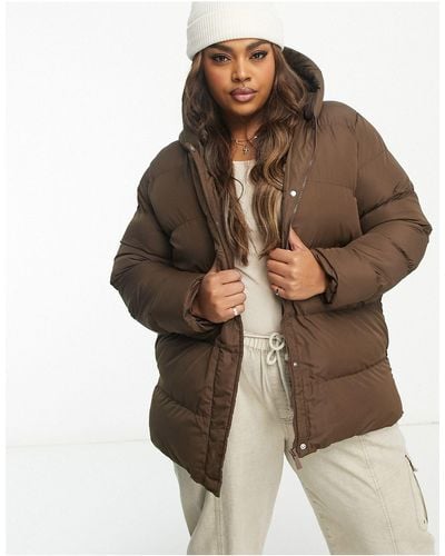 Threadbare Plus Hayley Mid Length Puffer Jacket - Brown