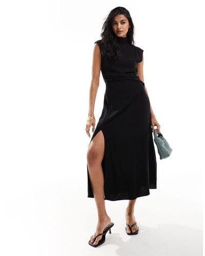 ASOS Linen High Neck Grown On Sleeve Midi Dress With Open Back And Button Neck Detail - Black