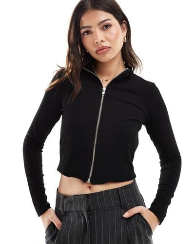 ONLY Ribbed Zip Through Top - Black