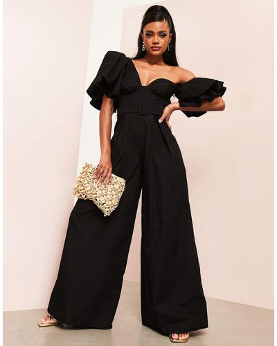 ASOS One Shoulder Belted Poplin Jumpsuit - Black