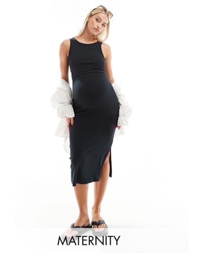 Mama.licious Maternity Fine Ribbed Midi Dress With Nursing Functionality - Black