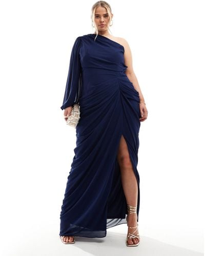 Tfnc Plus Bridesmaid Chiffon Drape One Shoulder Maxi Dress - Blue