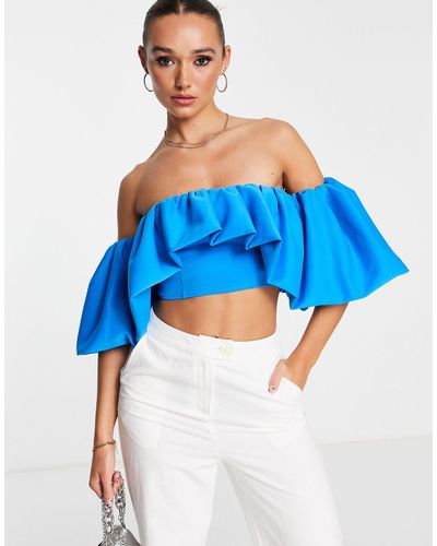 ASOS Scuba Off Shoulder Top With exaggerated Sleeve - Blue