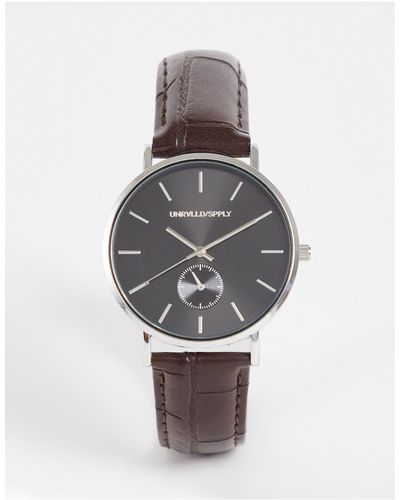 ASOS Klassiek Horloge Met Zwarte Wijzerplaat, Bandje Van Imitatie-krokodillenleer En Zilveren Details - Bruin