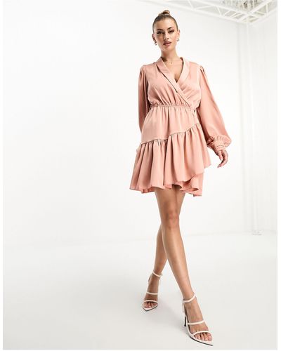 In The Style X Georgia Louise Satin Ruffle Hem Wrap Dress - Pink