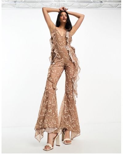 Annorlunda Barb Wire Floral Ruffle Detailed Catsuit - Natural