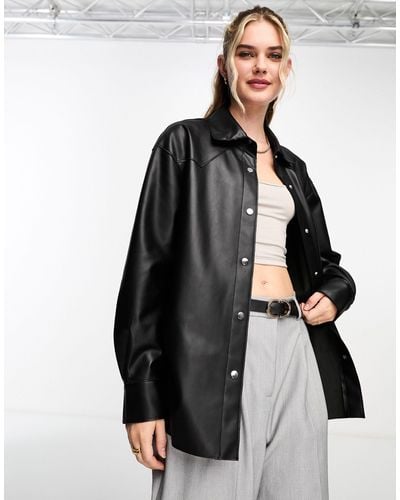 Pull&Bear Faux Leather Overshirt - Black