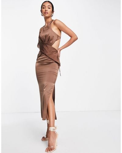 ASOS Halter Satin Midi Dress With Wrap Waist Detail - Brown