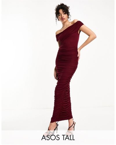 ASOS Asos Design Tall Cross Over Bardot Ruched Mesh Midi Dress - Red