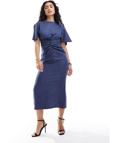 ASOS Linen-look Flutter Sleeve Midi Dress With Ruching Detail - Blue