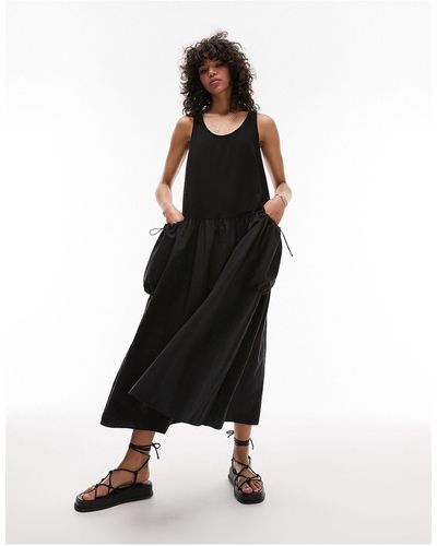 TOPSHOP Fabric Mix Oversized Midi Pinafore Dress - Black