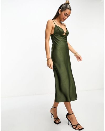 Lola May Satin Cami Midi Dress With Cut Out Detail - Green