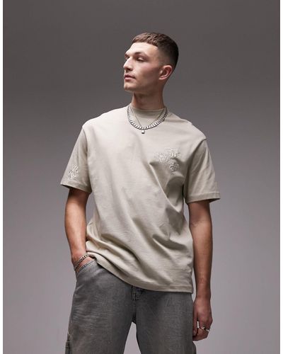 TOPMAN Oversized Fit T-shirt With Floral Placement Embroidery - Gray