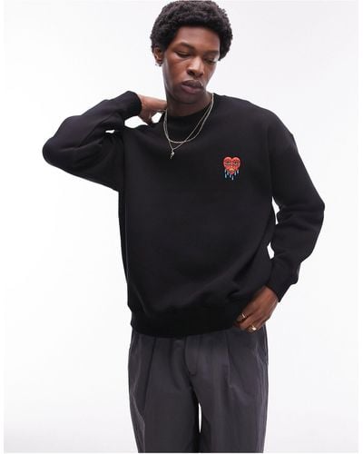 TOPMAN Oversized Fit Sweatshirt With Heart Embroidery - Black