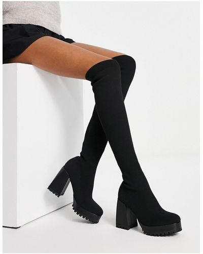 Pimkie Thigh High Heeled Flat Knitted Boots - Black