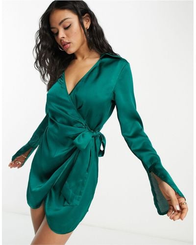 Public Desire X Paris Artiste Exclusive Satin Wrap Shirt Dress With Split Sleeve Detail - Green