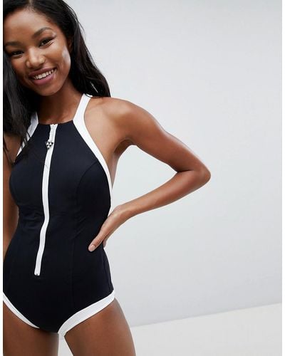 Seafolly Block High Neck Zip Front Swimsuit - Black