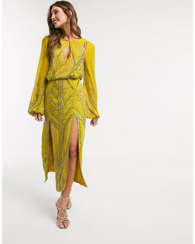 ASOS Eivissa Blouson Linear Embellished Midi Dress-yellow