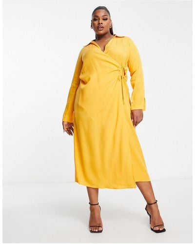 Mango Curve Knot Front Midi Shirt Dress - Yellow