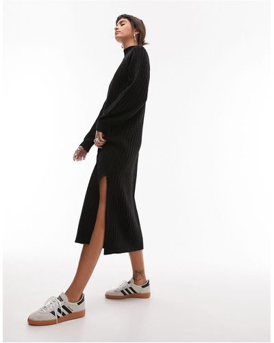 TOPSHOP Mock Neck Long Sleeve Wide Rib Midi Jumper Dress - Black