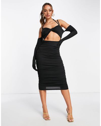 Femme Luxe Strappy Midi Dress With Gloves - Black