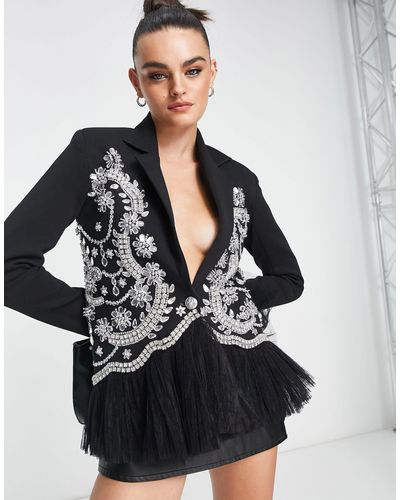 Starry Eyed Premium Embellished Blazer Dress With Tulle Hem - Black