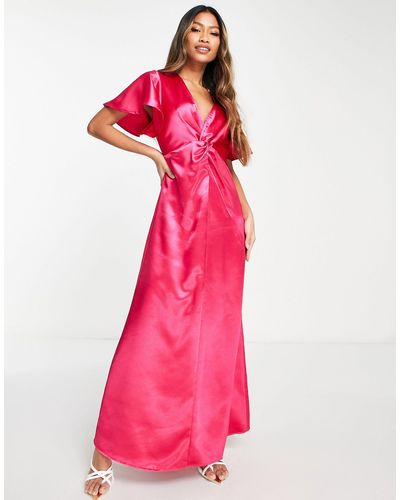 Vila Bridesmaid Satin Flutter Sleeve Maxi Dress - Pink