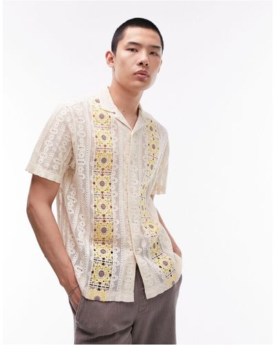 TOPMAN Short Sleeve Crochet Front Panel Floral Shirt - Natural