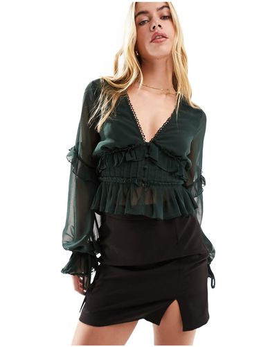 ASOS Long Sleeve Blouse With Ruffle And Tie Sleeve - Black