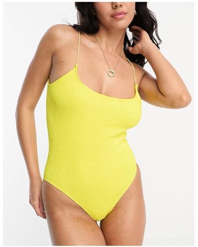 ASOS Crinkle Scoop Neck Skinny Strap Swimsuit - Yellow