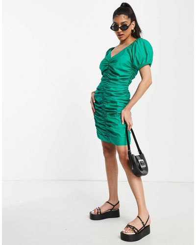 Jdy Ruched Puff Sleeve Mini Dress - Green