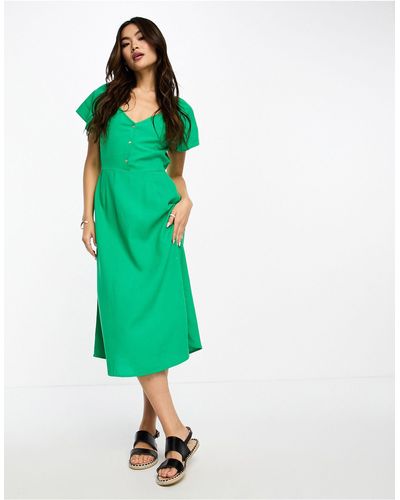 Vero Moda Linen Touch Flutter Sleeve Midi Dress - Green