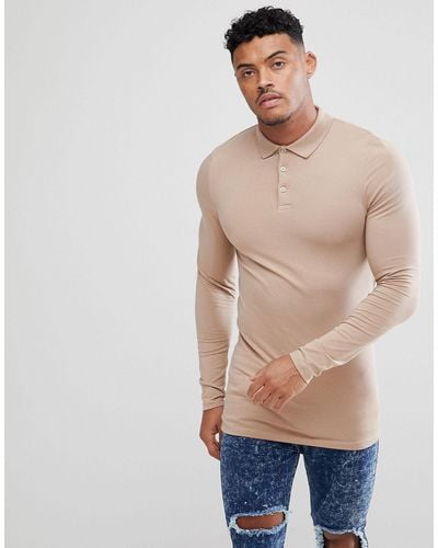 ASOS Longline Muscle Fit Long Sleeve Jersey Polo - Natural