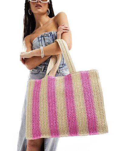 South Beach Striped Straw Woven Shoulder Tote Bag - Pink