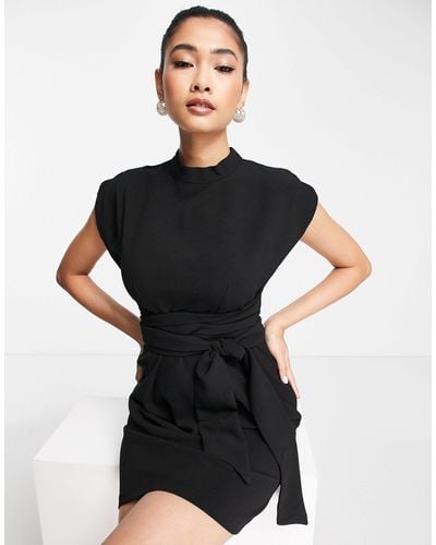 Closet Belted Tie Waist Mini Dress - Black