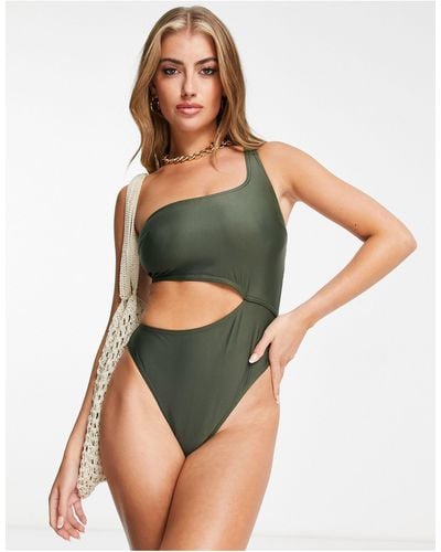 Wolf & Whistle Fuller Bust Exclusive Cut Out One Shoulder Swimsuit - Green