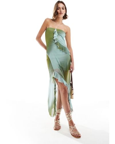 ASOS Mesh Bandeau Midi Dress With Frill Detail - Green