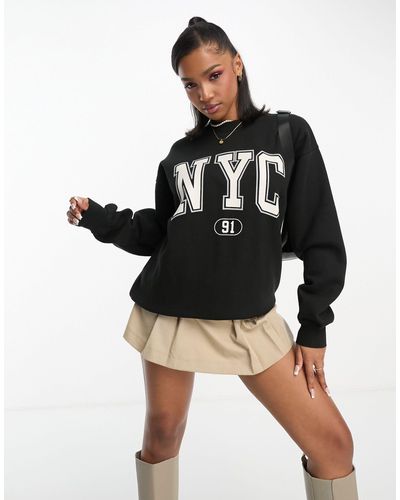 Pull&Bear Felpa oversize nera stile college con logo "nyc" - Nero