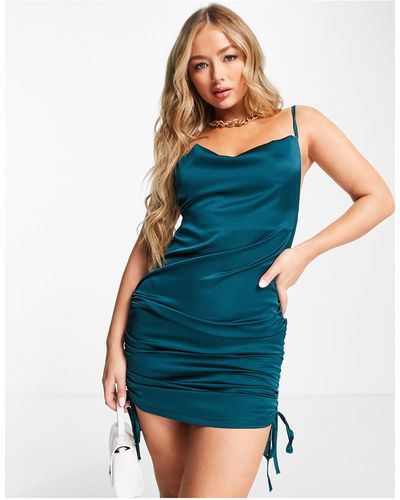 Rebellious Fashion Satin Cowl Front Ruched Side Mini Dress - Blue