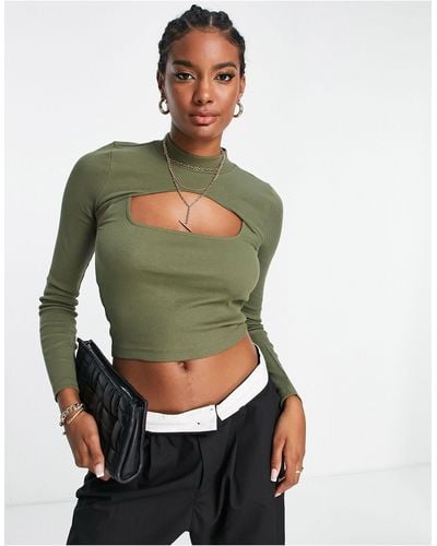 ASOS 2 In 1 Long Sleeve Rib Top With Cut Out In Olive - Green