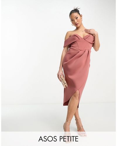 ASOS Asos Design Petite Off Shoulder Corset Midi Wrap Skirt Dress - Pink