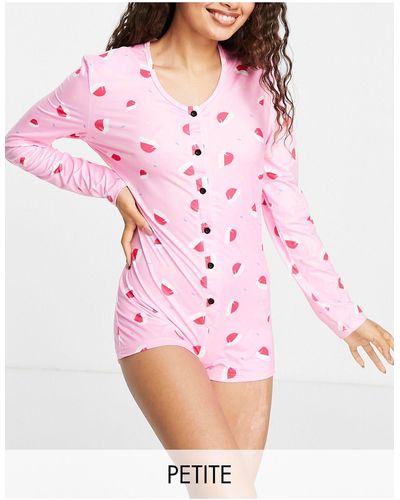 Loungeable Petite Christmas Pajama Romper - Pink