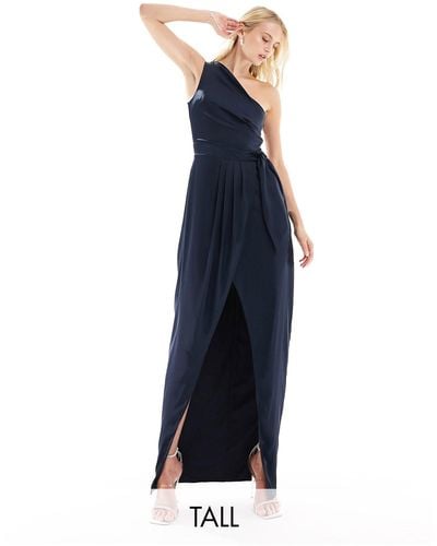 TFNC London Bridesmaids One Shoulder Maxi Dress With Pleated Detail - Blue