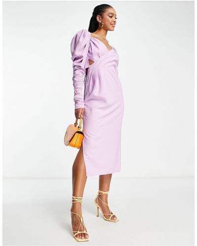 ASOS Ruched Detail Midi Dress With Wrap Bodice - Purple