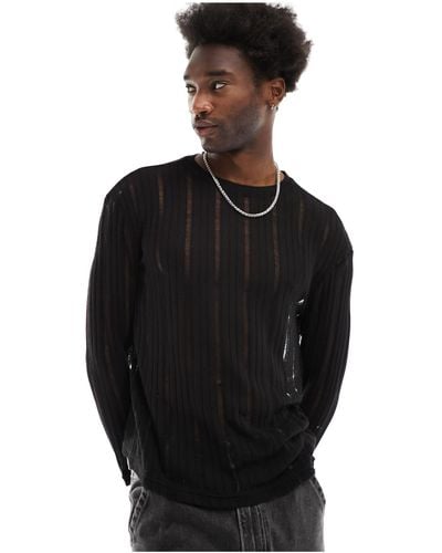 Pull&Bear Ladder Knitted Long Sleeve T-shirt - Black