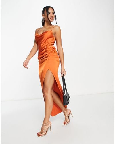 Aria Cove Satin Cowl Neck Maxi Dress With Thigh Split - Orange