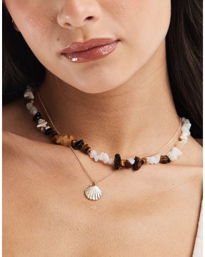 ASOS Pack Of 2 Necklaces With Real Semi Precious Stone And Shell Pendant - Natural