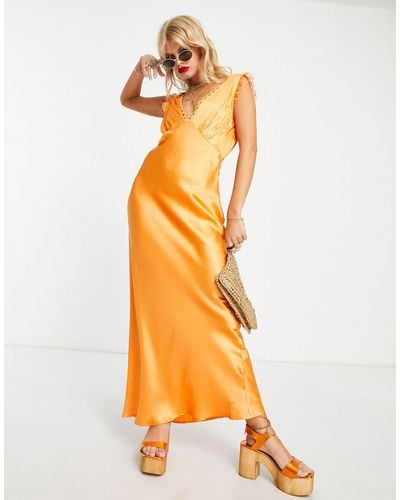 Reclaimed (vintage) Inspired Limited Edition Satin Maxi Dress With Lace Detail - Orange